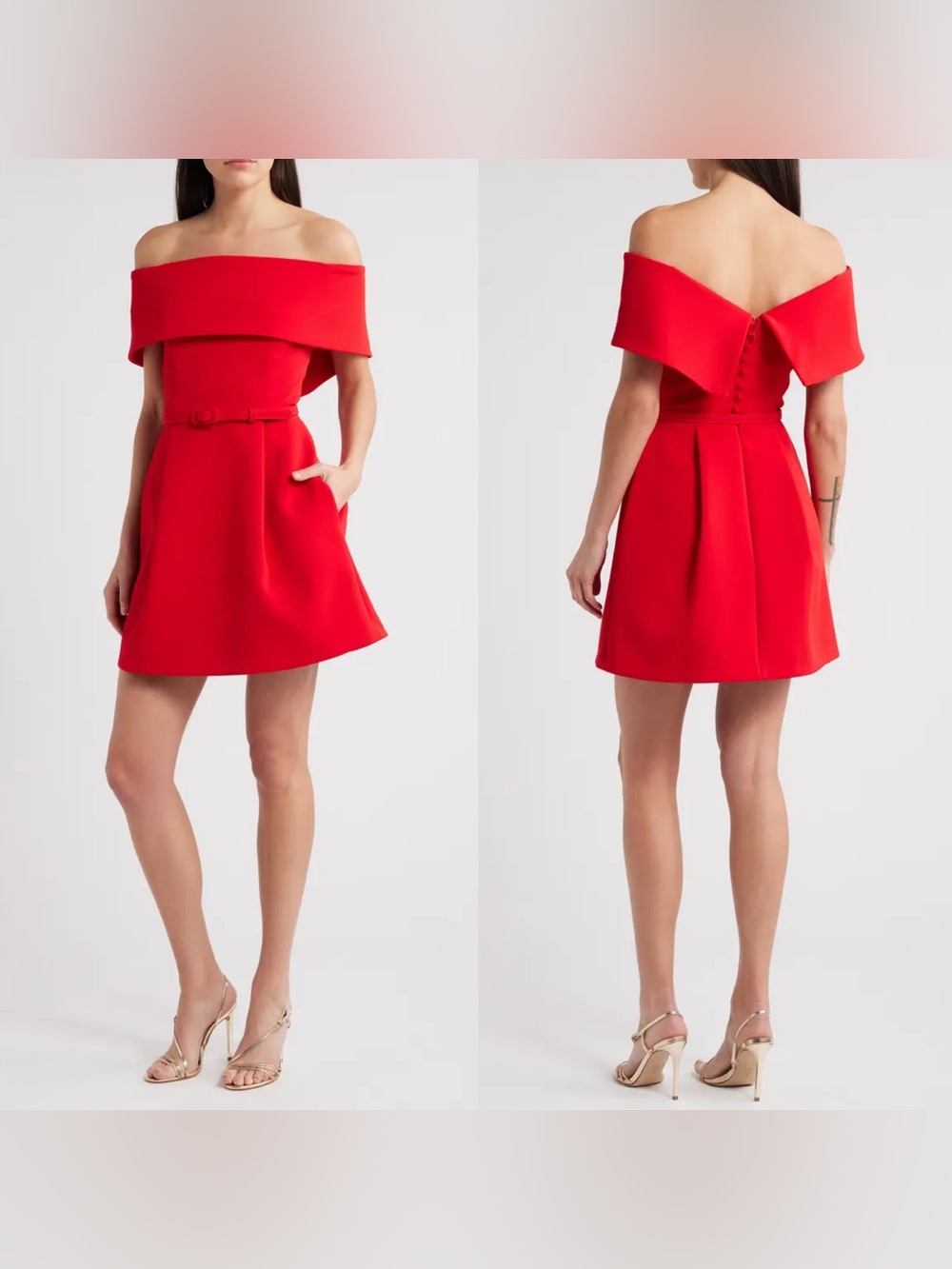 Nadine Merabi Harper Red Off Shoulder Mini Dress Belt Pockets US 8 M $525